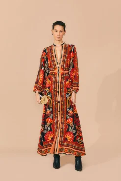 FARM Rio RED NATURE BEAUTY SCARF LONG SLEEVE MAXI DRESS
