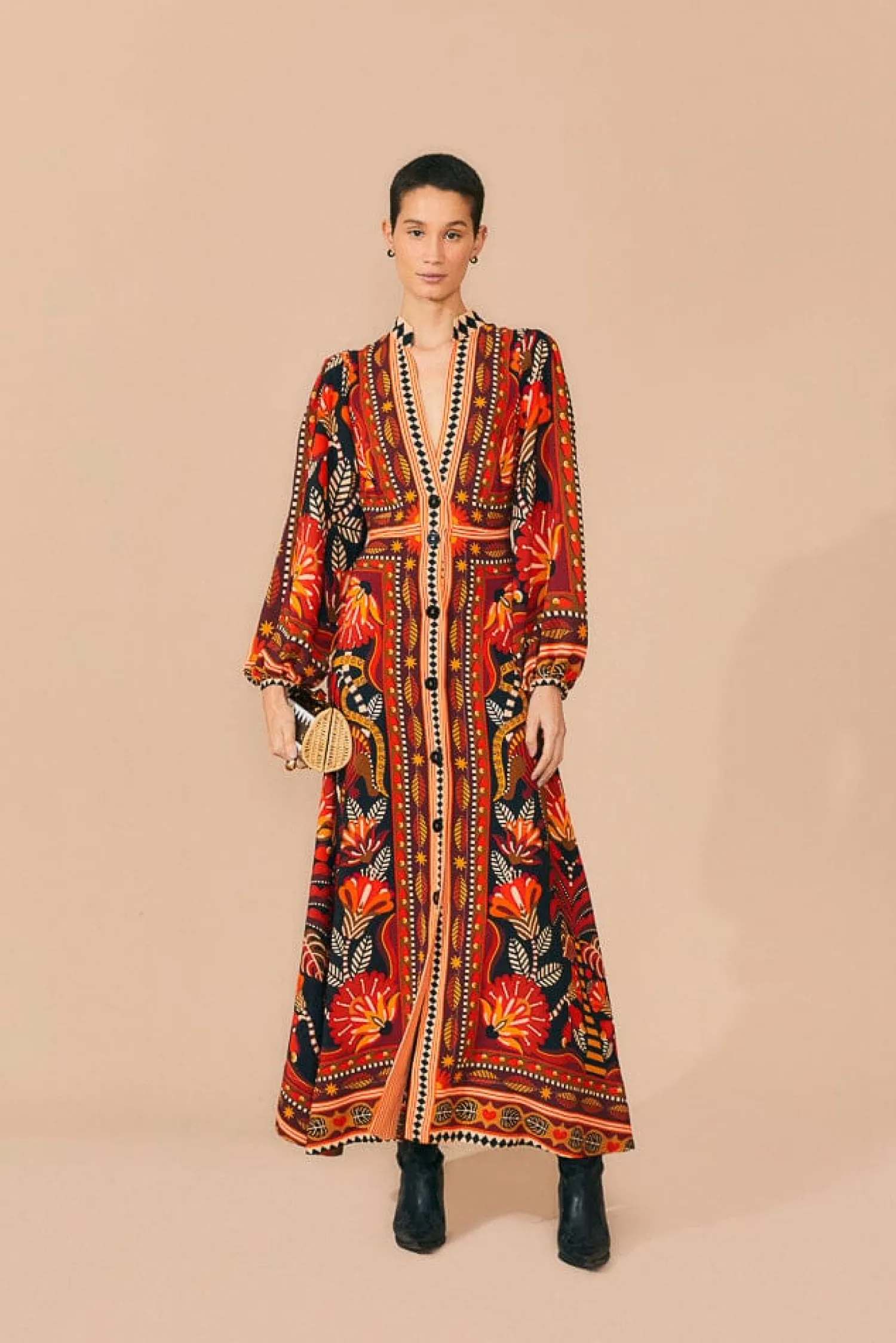 FARM Rio RED NATURE BEAUTY SCARF LONG SLEEVE MAXI DRESS