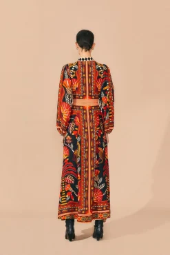 FARM Rio RED NATURE BEAUTY SCARF LONG SLEEVE MAXI DRESS