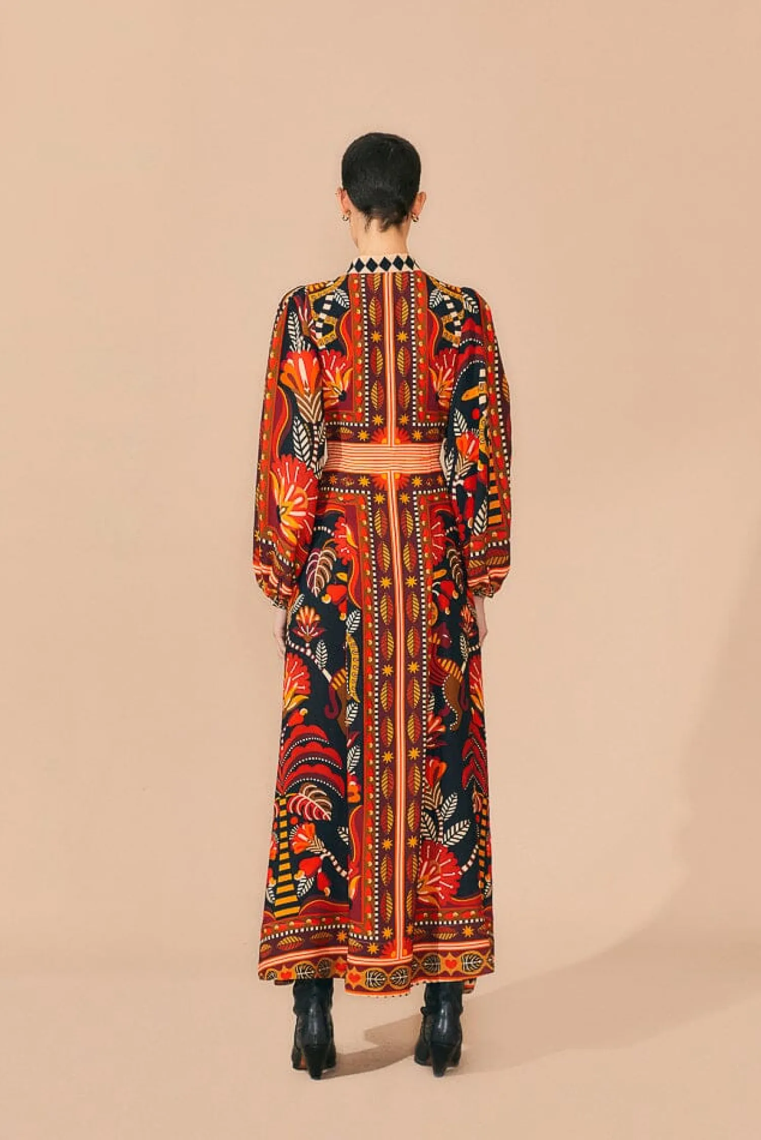 FARM Rio RED NATURE BEAUTY SCARF LONG SLEEVE MAXI DRESS