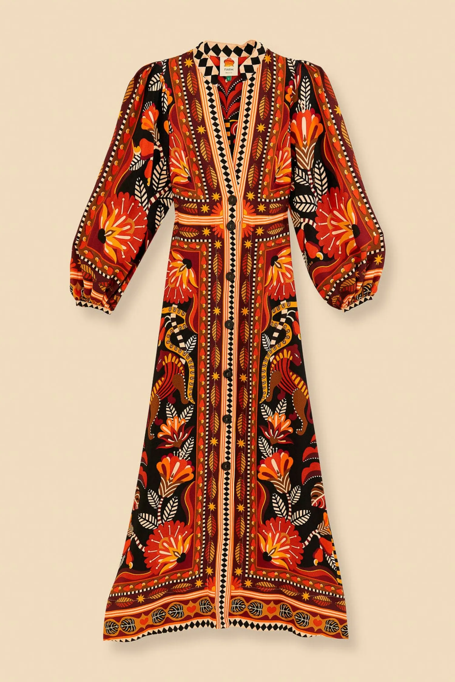 FARM Rio RED NATURE BEAUTY SCARF LONG SLEEVE MAXI DRESS