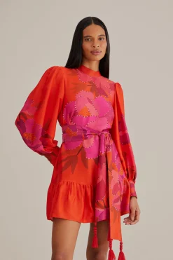 FARM Rio RED PEONY LONG SLEEVE MINI DRESS