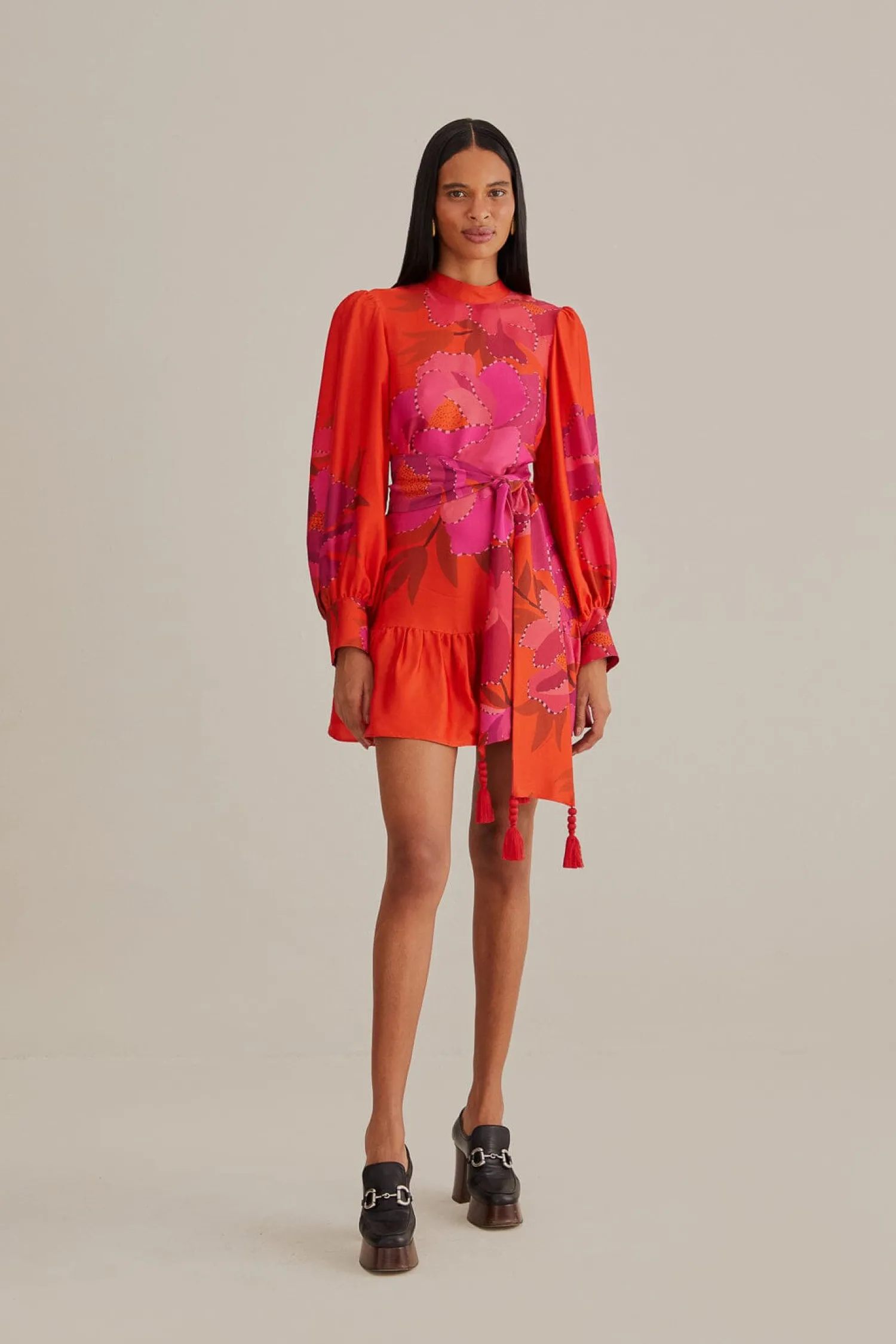 FARM Rio RED PEONY LONG SLEEVE MINI DRESS
