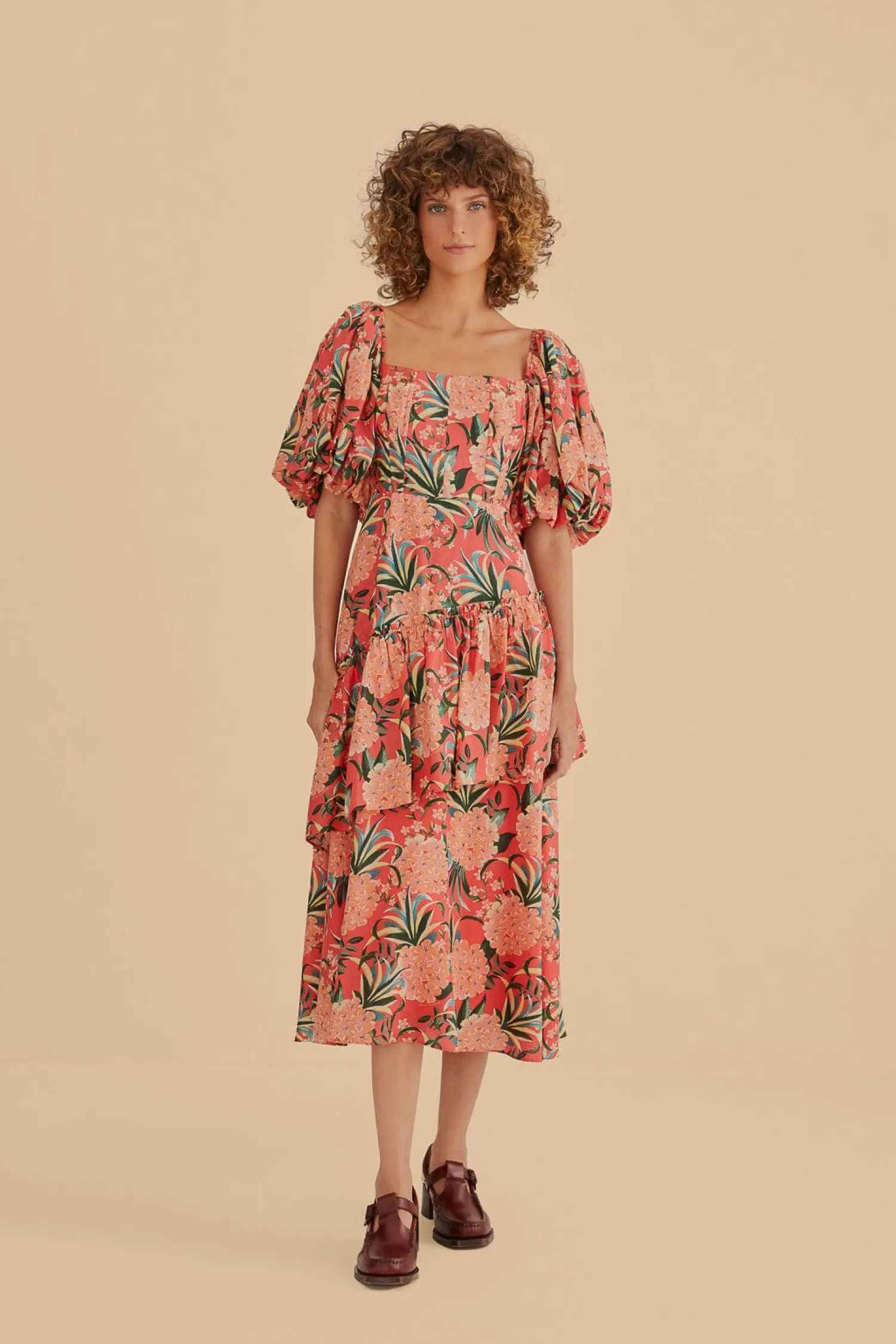 FARM Rio RED PINEAPPLE BLOOM CUT OUT MIDI DRESS