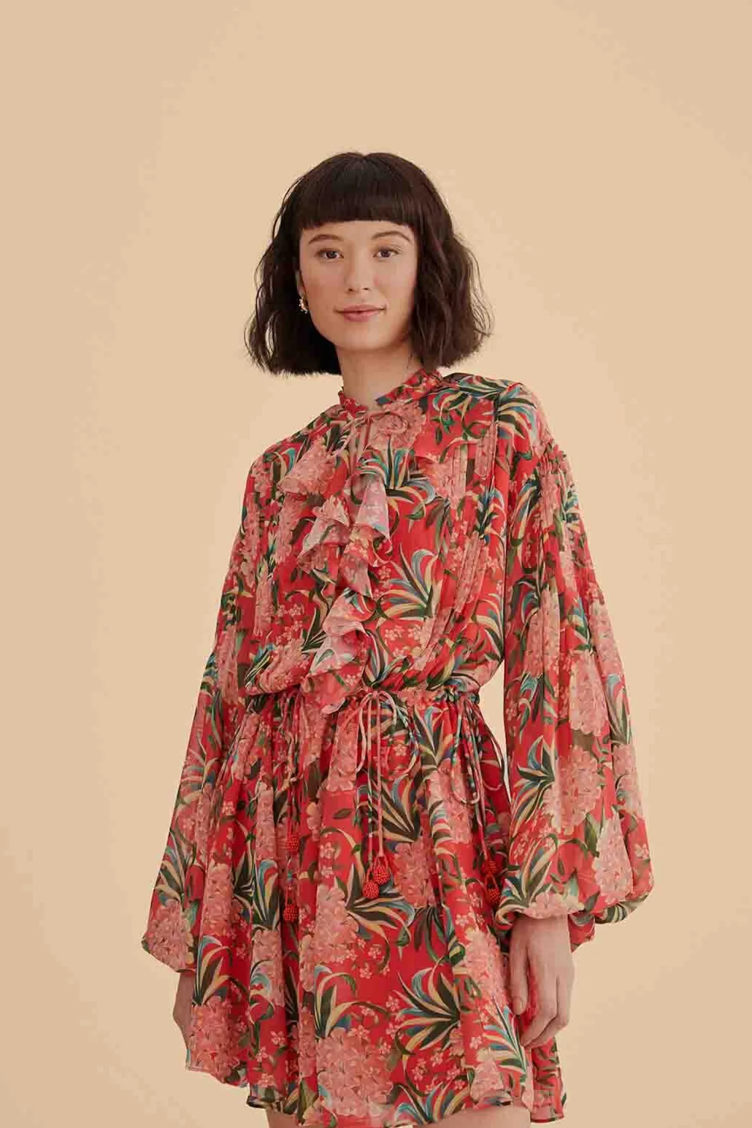 FARM Rio RED PINEAPPLE BLOOM V NECK MINI DRESS