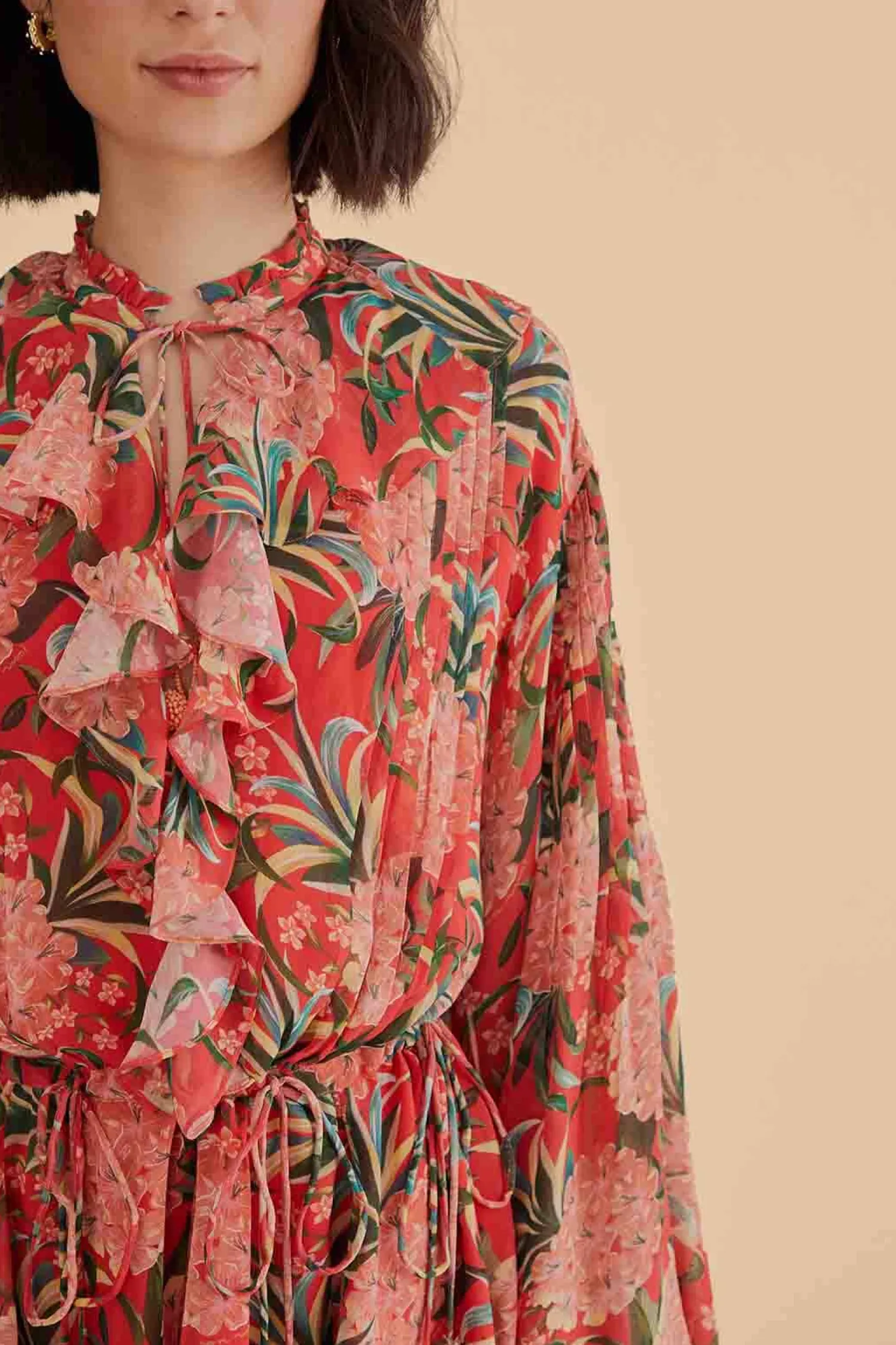 FARM Rio RED PINEAPPLE BLOOM V NECK MINI DRESS