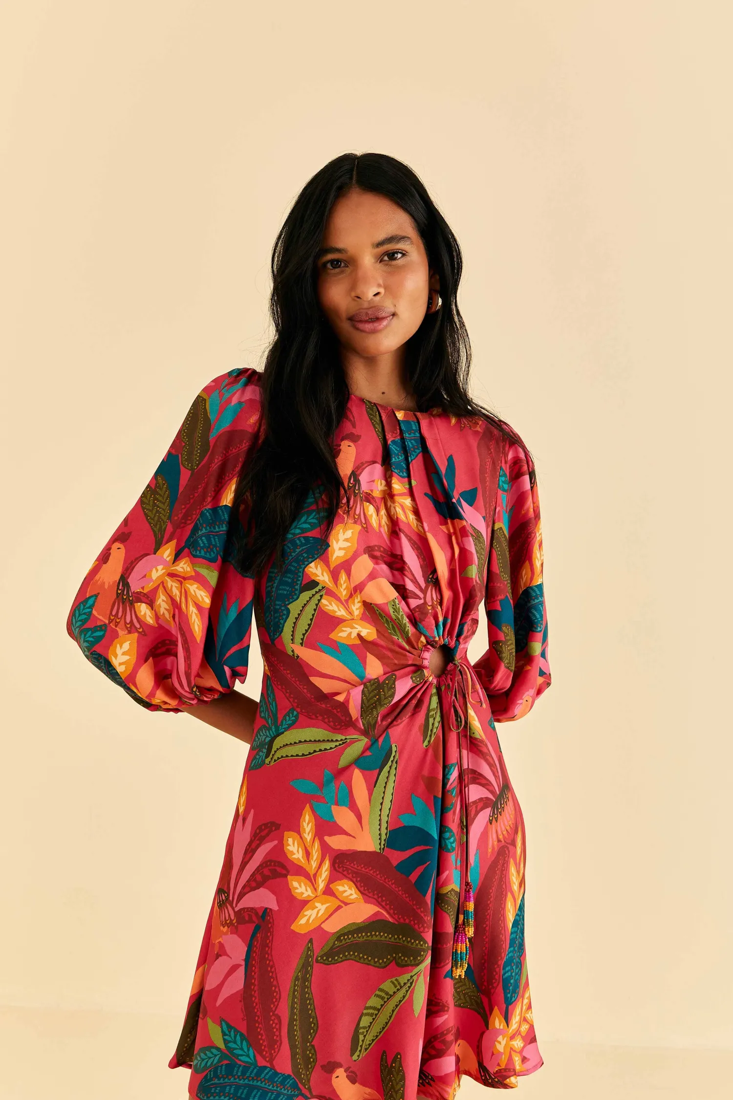 FARM Rio RED ROOSTER LEAVES LONG SLEEVE MINI DRESS