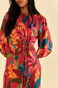 FARM Rio RED ROOSTER LEAVES LONG SLEEVE MINI DRESS