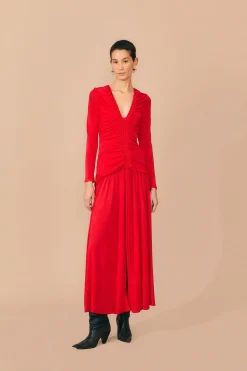 FARM Rio RED V NECKLINE LONG SLEEVE MIDI DRESS