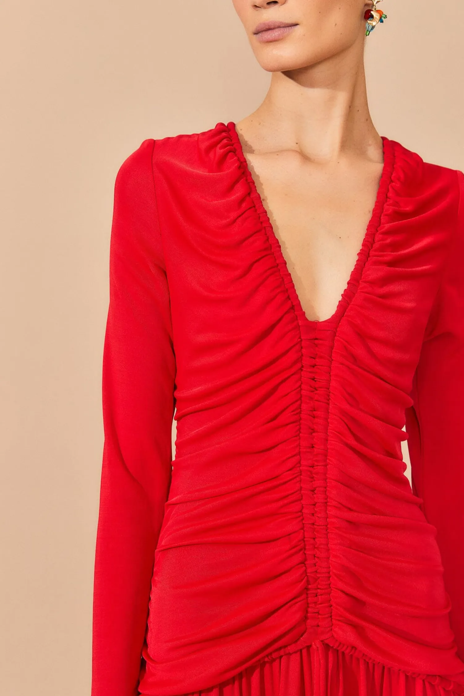 FARM Rio RED V NECKLINE LONG SLEEVE MIDI DRESS