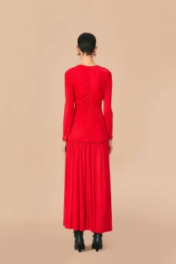 FARM Rio RED V NECKLINE LONG SLEEVE MIDI DRESS