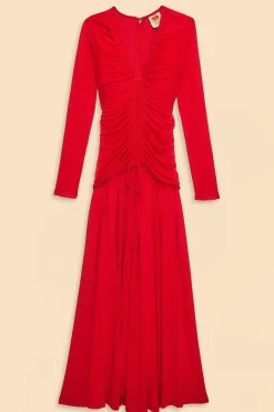 FARM Rio RED V NECKLINE LONG SLEEVE MIDI DRESS