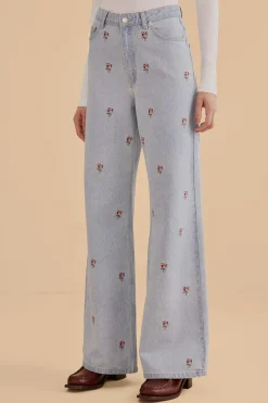 FARM Rio  ROSE EMBROIDERED DENIM PANTS