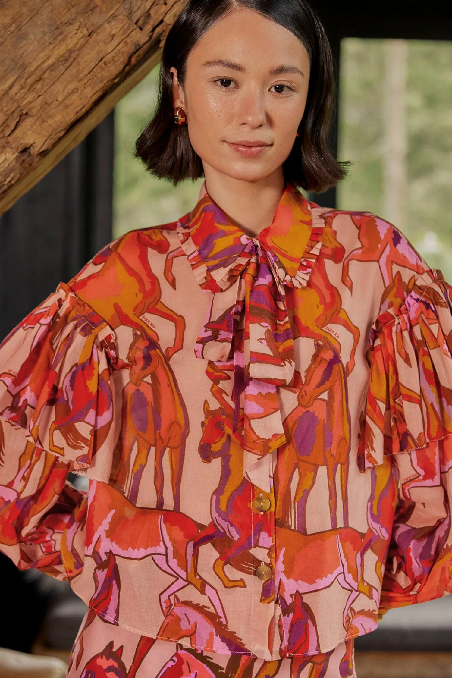 FARM Rio ROSE WILD HORSES BOW NECK TIE BLOUSE