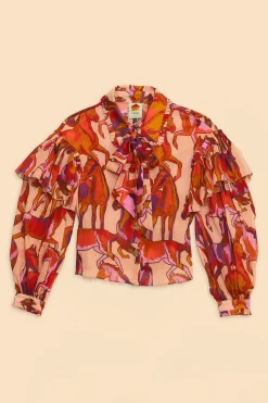 FARM Rio ROSE WILD HORSES BOW NECK TIE BLOUSE