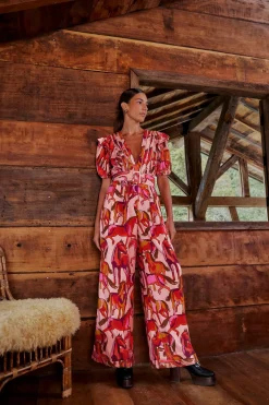 FARM Rio  ROSE WILD HORSES PLEATED SHORT SLEEVE JUMPSUIT