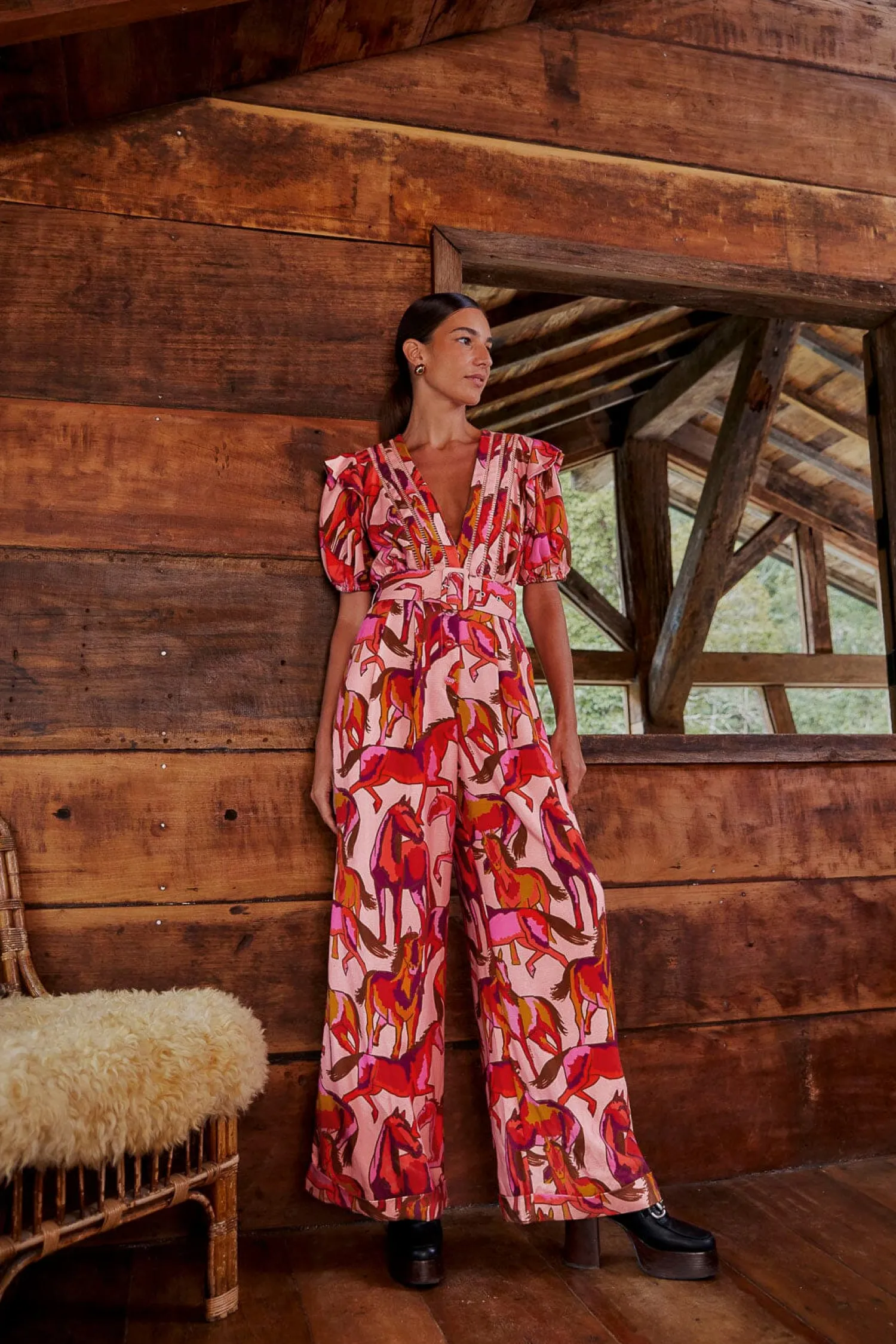 FARM Rio ROSE WILD HORSES PLEATED SHORT SLEEVE JUMPSUIT