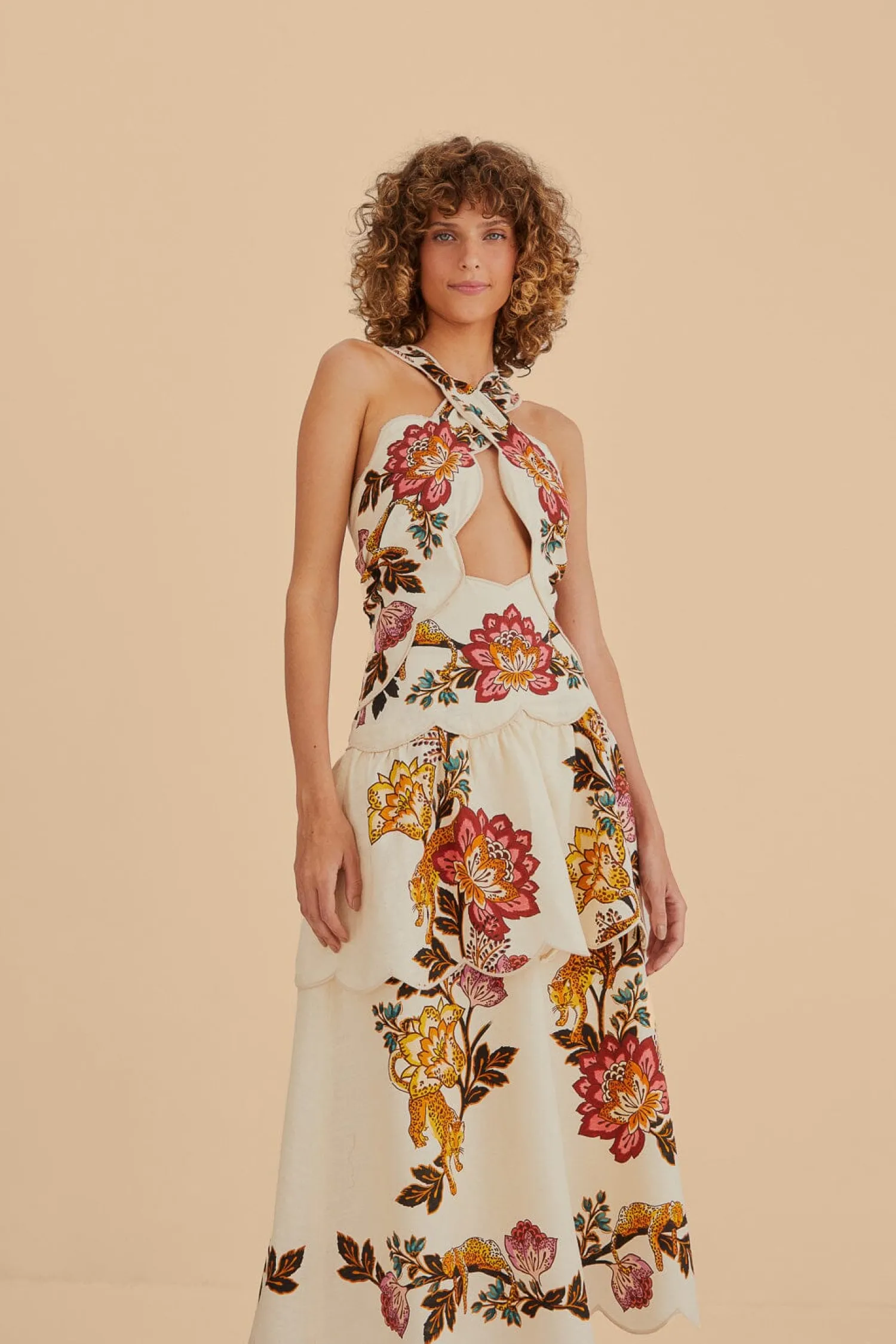 FARM Rio SAND LEOPARD FLOWERS CUT OUT MIDI DRESS