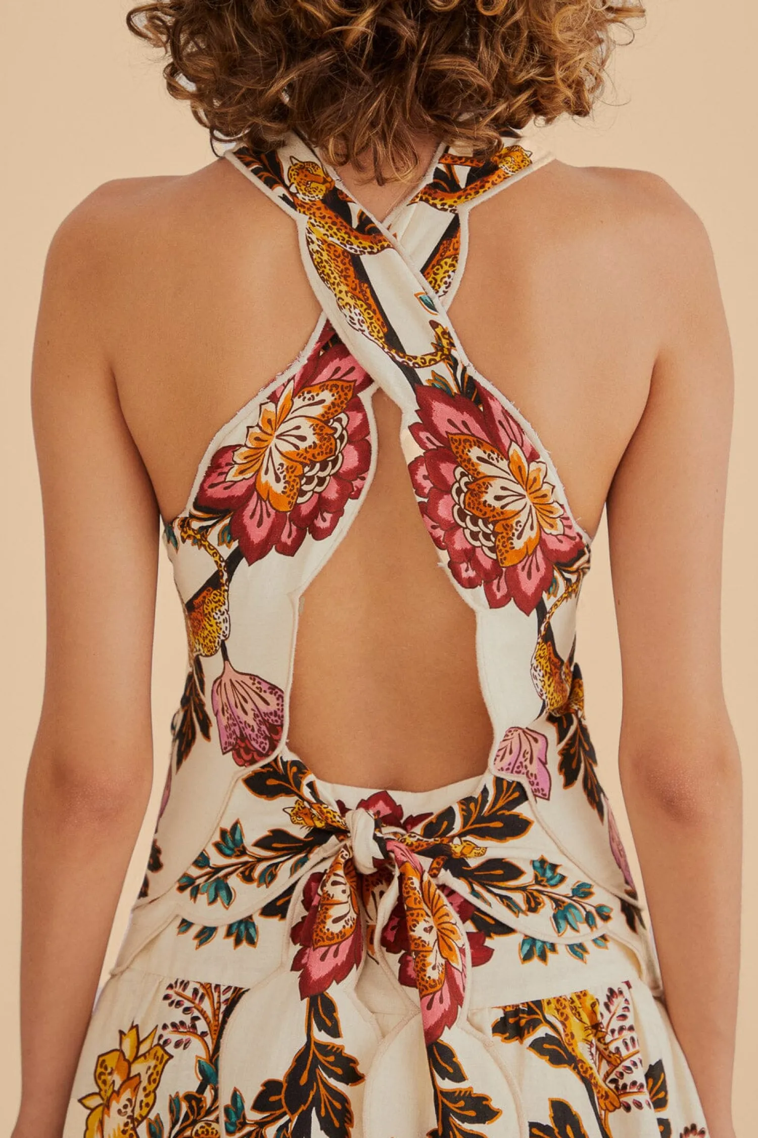 FARM Rio SAND LEOPARD FLOWERS CUT OUT MIDI DRESS