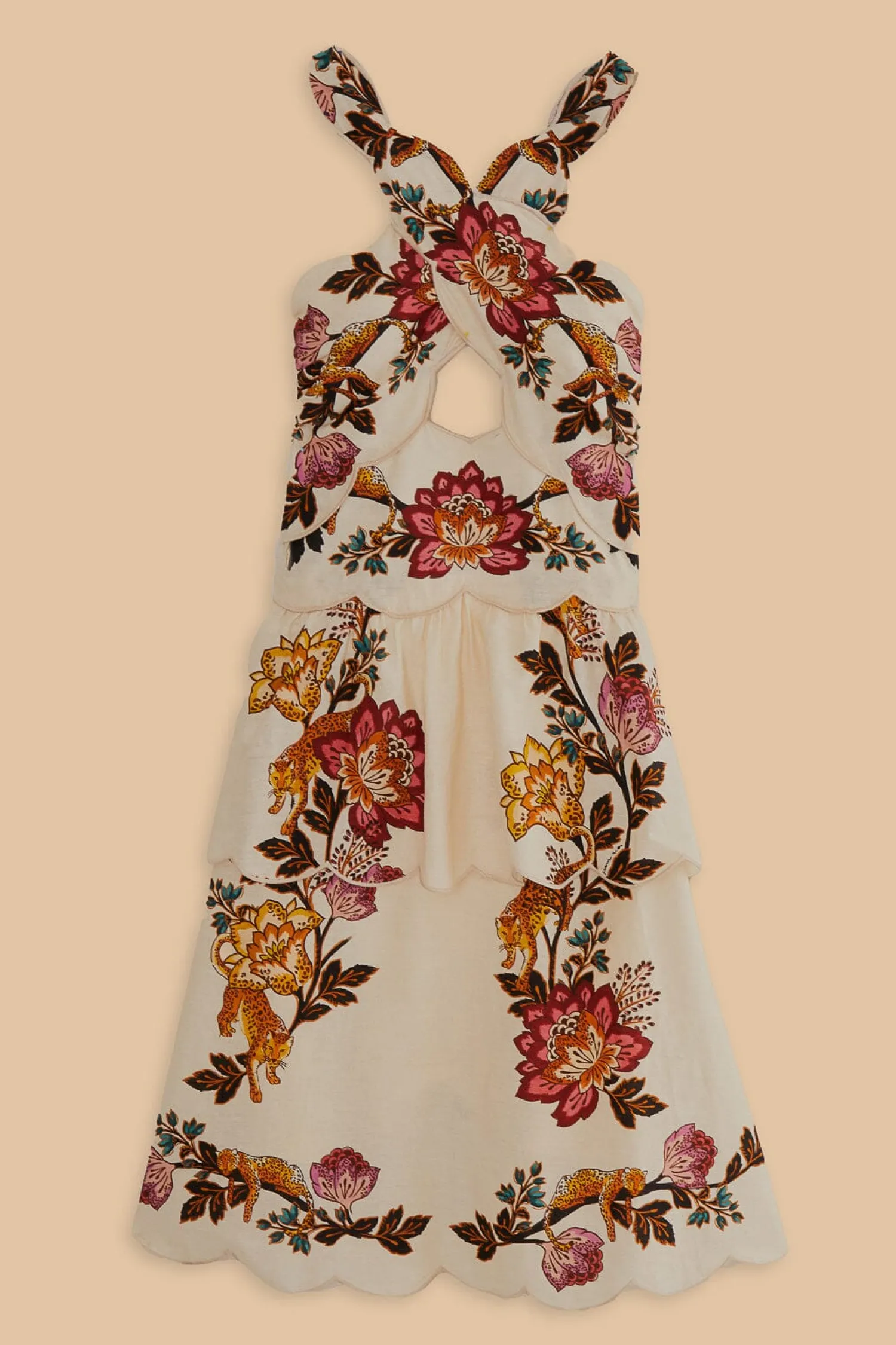 FARM Rio SAND LEOPARD FLOWERS CUT OUT MIDI DRESS