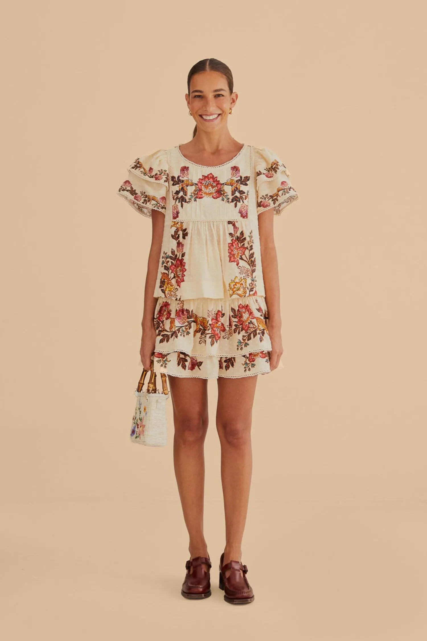 FARM Rio SAND LEOPARD FLOWERS MINI SKIRT