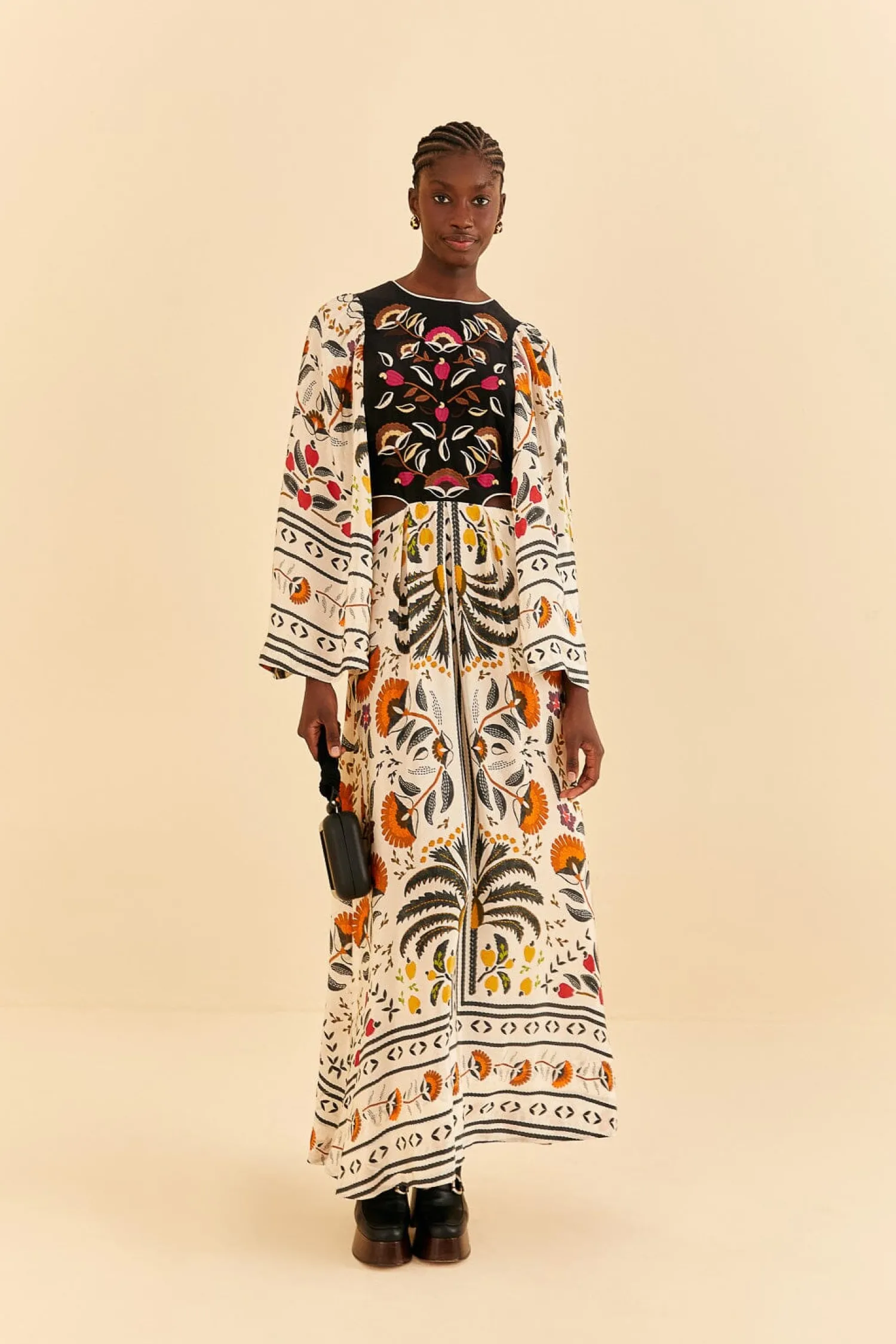 FARM Rio SAND PALMS PARADISE EMBROIDERED CUT OUT MIDI DRESS