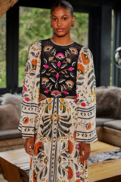 FARM Rio SAND PALMS PARADISE EMBROIDERED CUT OUT MIDI DRESS