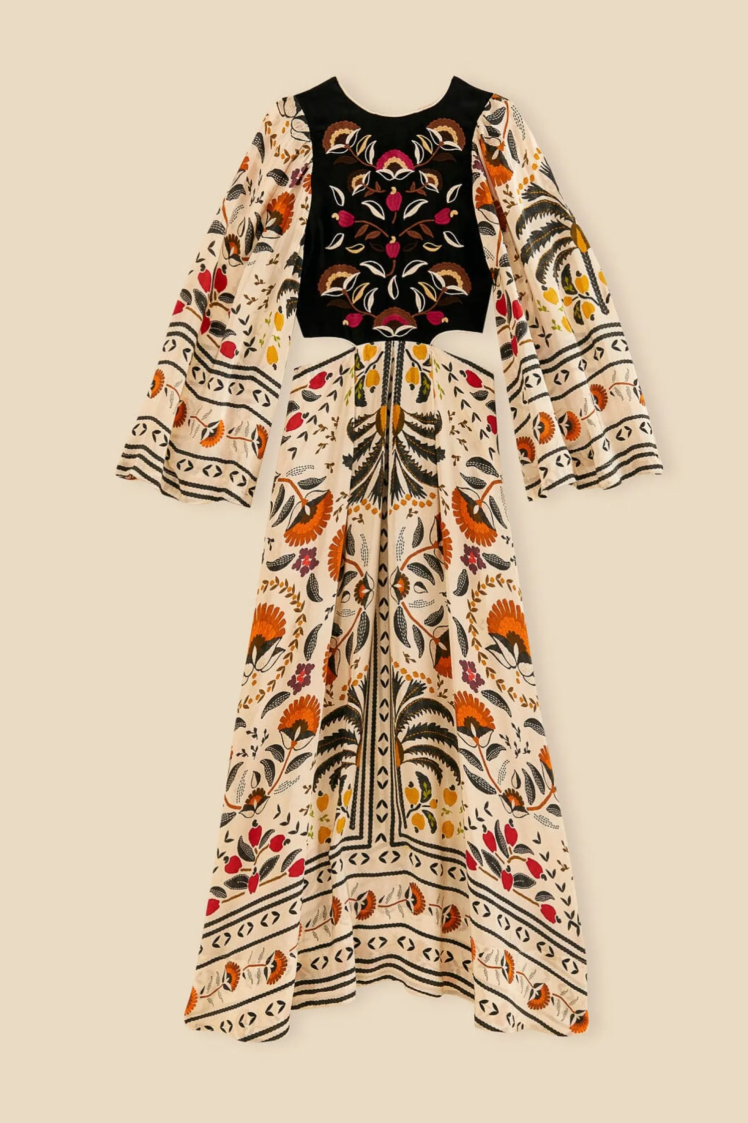 FARM Rio SAND PALMS PARADISE EMBROIDERED CUT OUT MIDI DRESS