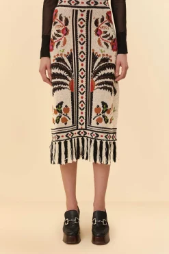FARM Rio SAND PALMS PARADISE KNIT FRINGE MIDI SKIRT