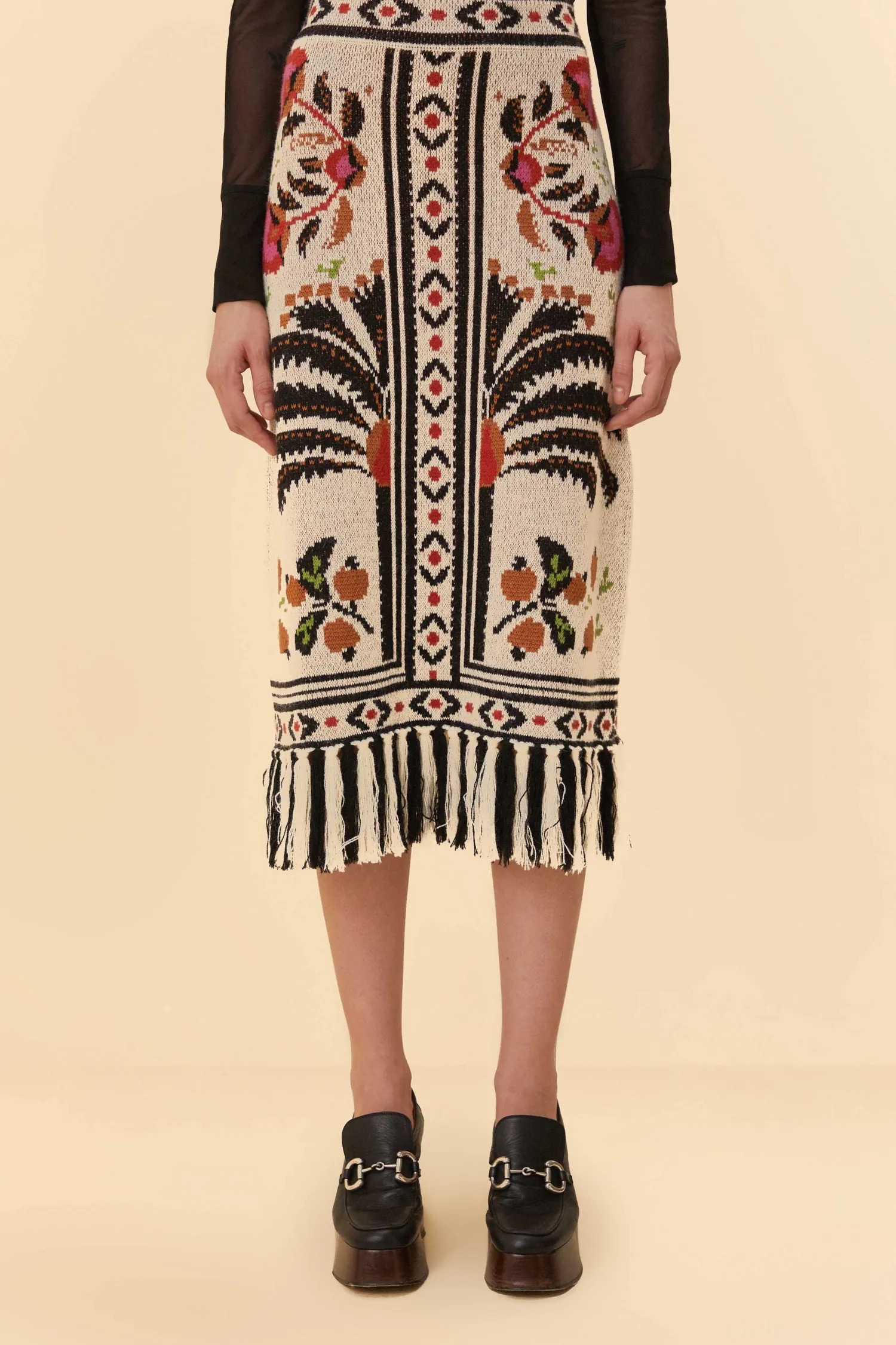 FARM Rio SAND PALMS PARADISE KNIT FRINGE MIDI SKIRT