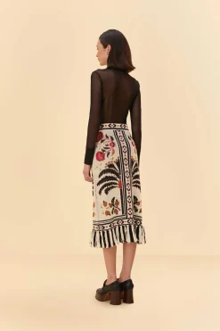 FARM Rio SAND PALMS PARADISE KNIT FRINGE MIDI SKIRT