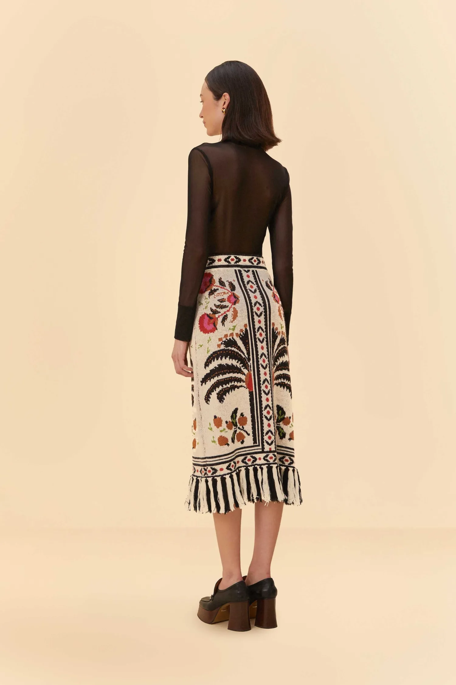 FARM Rio SAND PALMS PARADISE KNIT FRINGE MIDI SKIRT