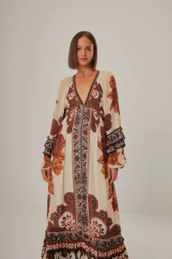FARM Rio  SAND WINTER TAPESTRY V NECK MAXI DRESS