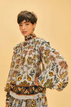 FARM Rio  SILVER FLORAL TAPESTRY LONG SLEEVE BLOUSE