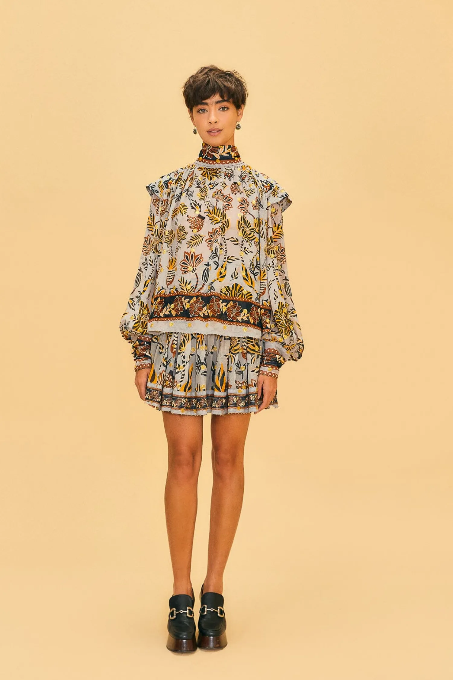 FARM Rio SILVER FLORAL TAPESTRY LONG SLEEVE BLOUSE