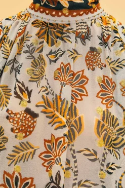 FARM Rio SILVER FLORAL TAPESTRY LONG SLEEVE BLOUSE
