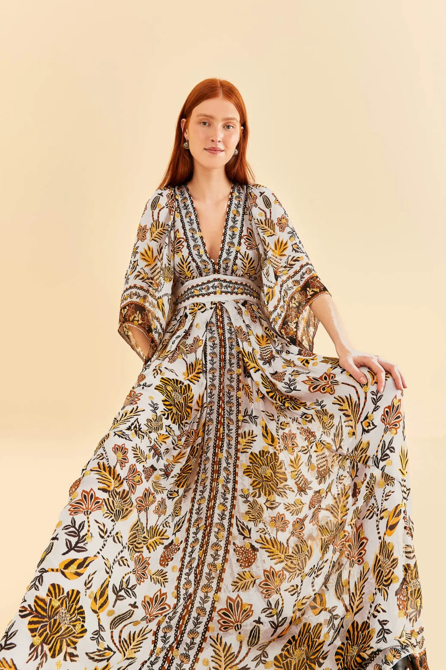 FARM Rio SILVER FLORAL TAPESTRY MAXI DRESS