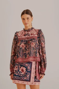 FARM Rio TEAL AINIKA CHARM LONG SLEEVE BLOUSE