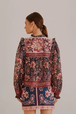 FARM Rio TEAL AINIKA CHARM LONG SLEEVE BLOUSE