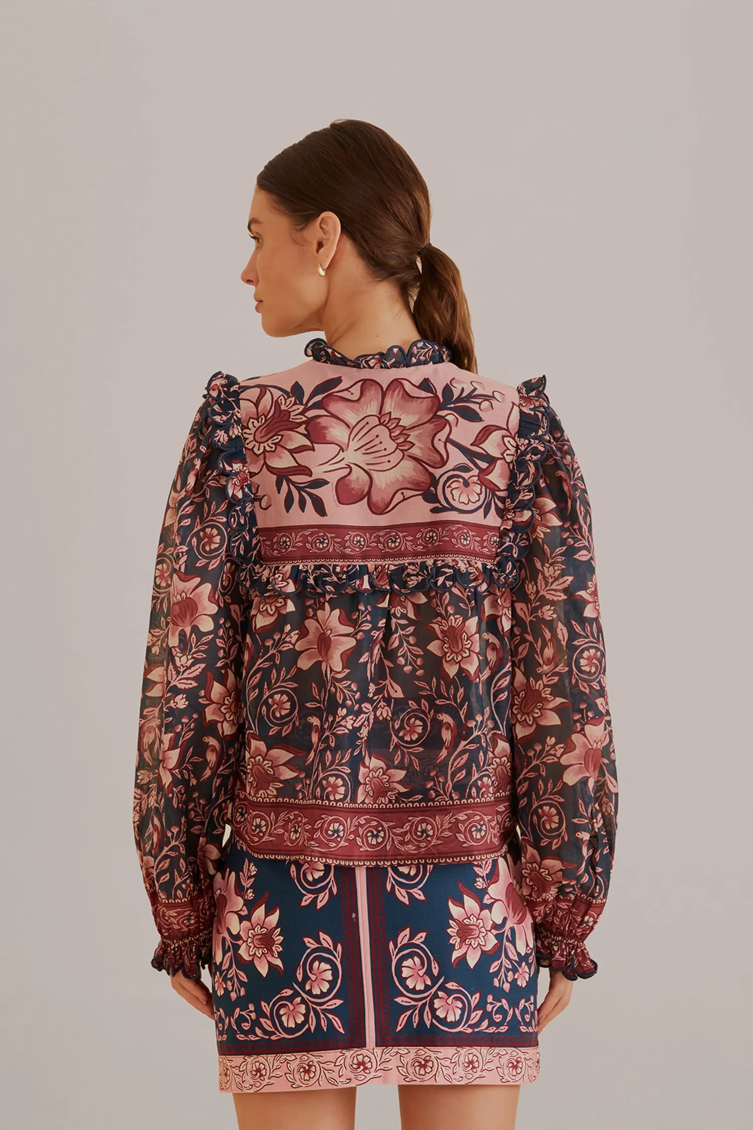 FARM Rio TEAL AINIKA CHARM LONG SLEEVE BLOUSE