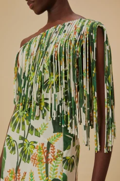 FARM Rio  TROPICAL FOREST OFF-WHITE FRINGED MIDI DRESS
