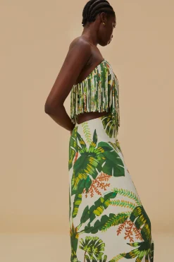 FARM Rio  TROPICAL FOREST OFF-WHITE FRINGED MIDI DRESS