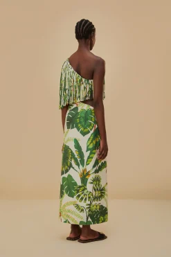 FARM Rio  TROPICAL FOREST OFF-WHITE FRINGED MIDI DRESS