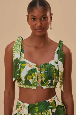 FARM Rio TROPICAL FOREST OFF-WHITE KNOT SLEEVELESS CROP TOP