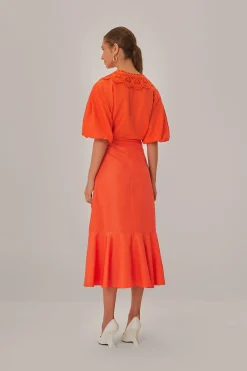 FARM Rio  VIVID ORANGE MIDI SKIRT