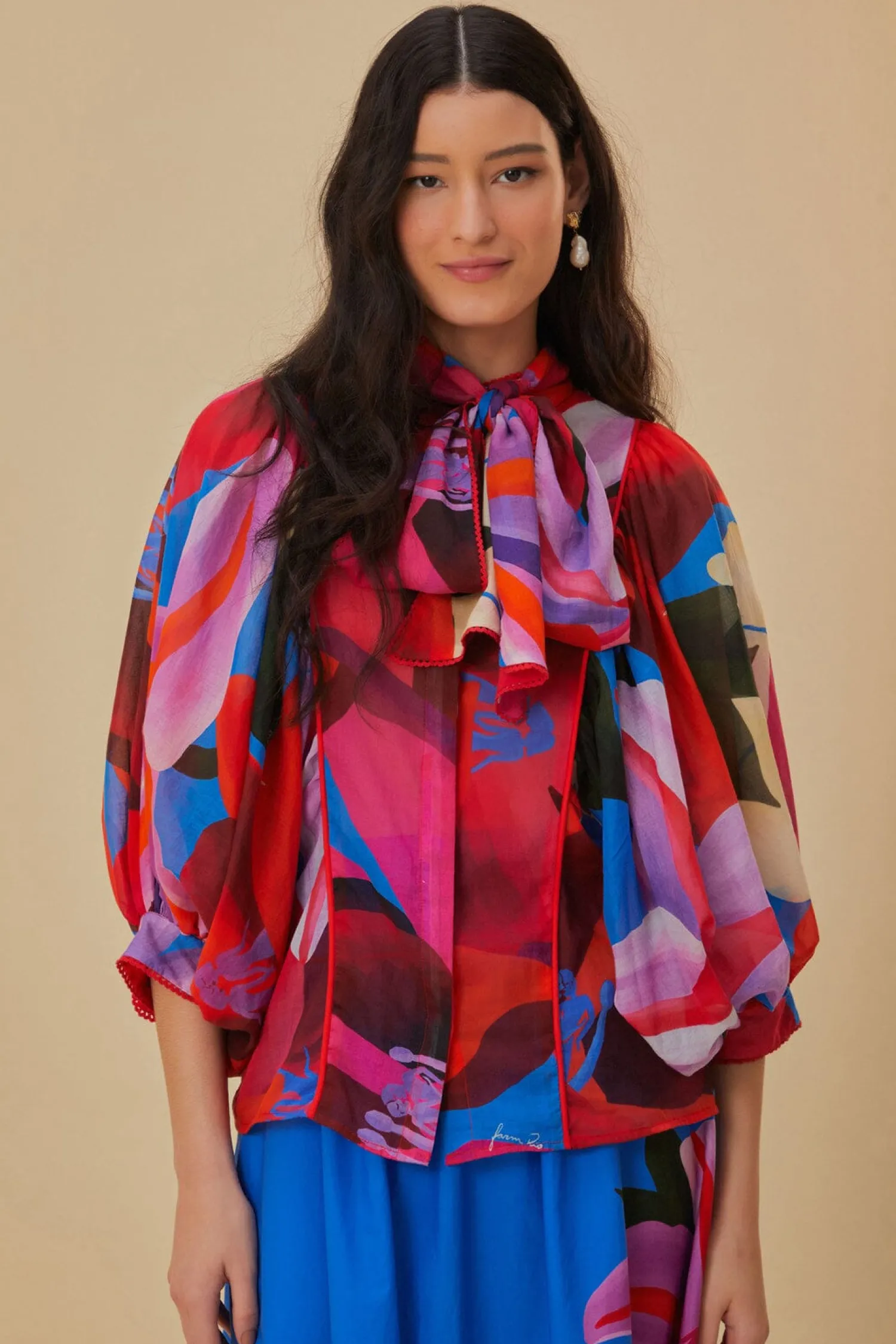 FARM Rio WATERCOLOR FLORAL BLUE LONG SLEEVE BLOUSE