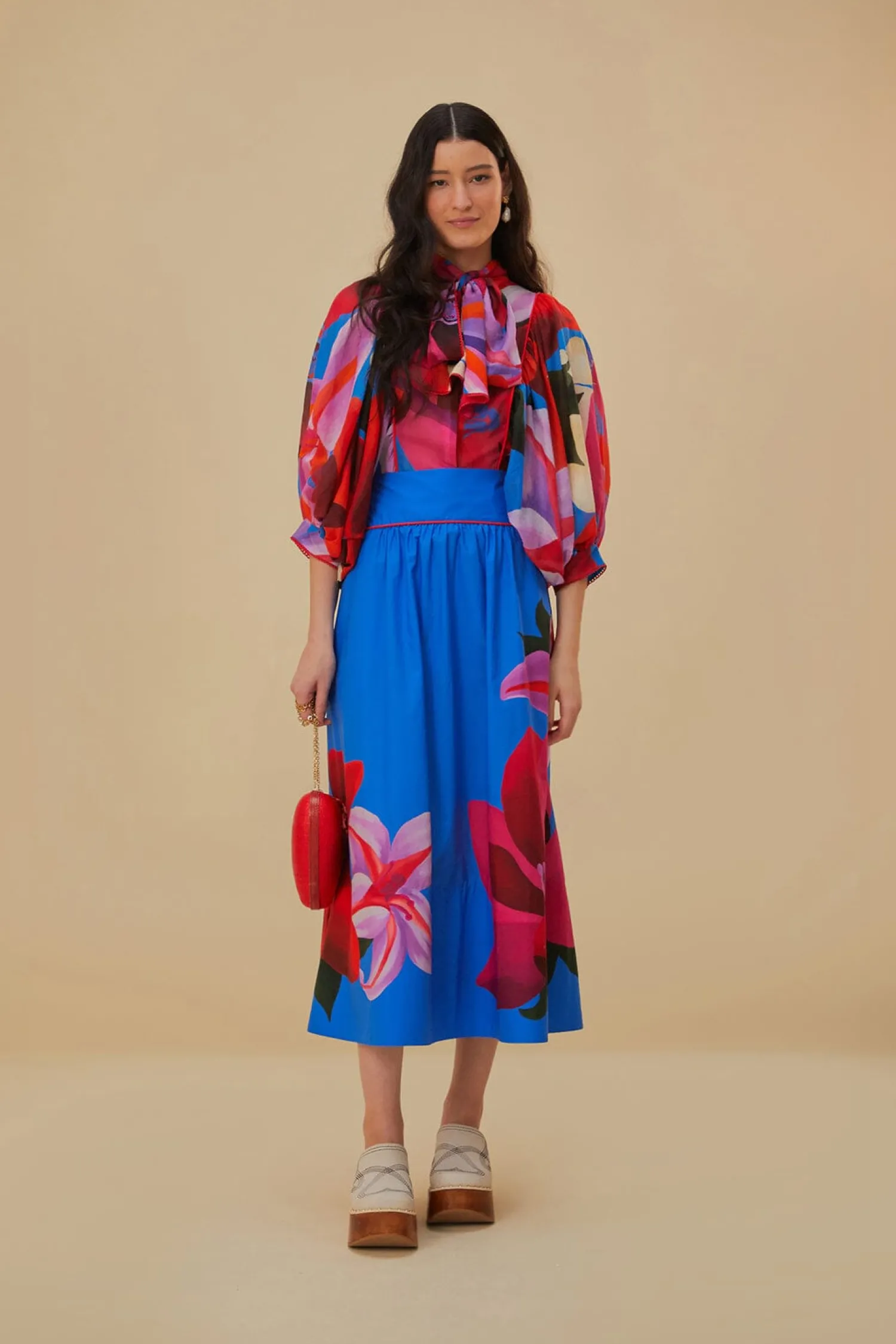 FARM Rio WATERCOLOR FLORAL BLUE LONG SLEEVE BLOUSE