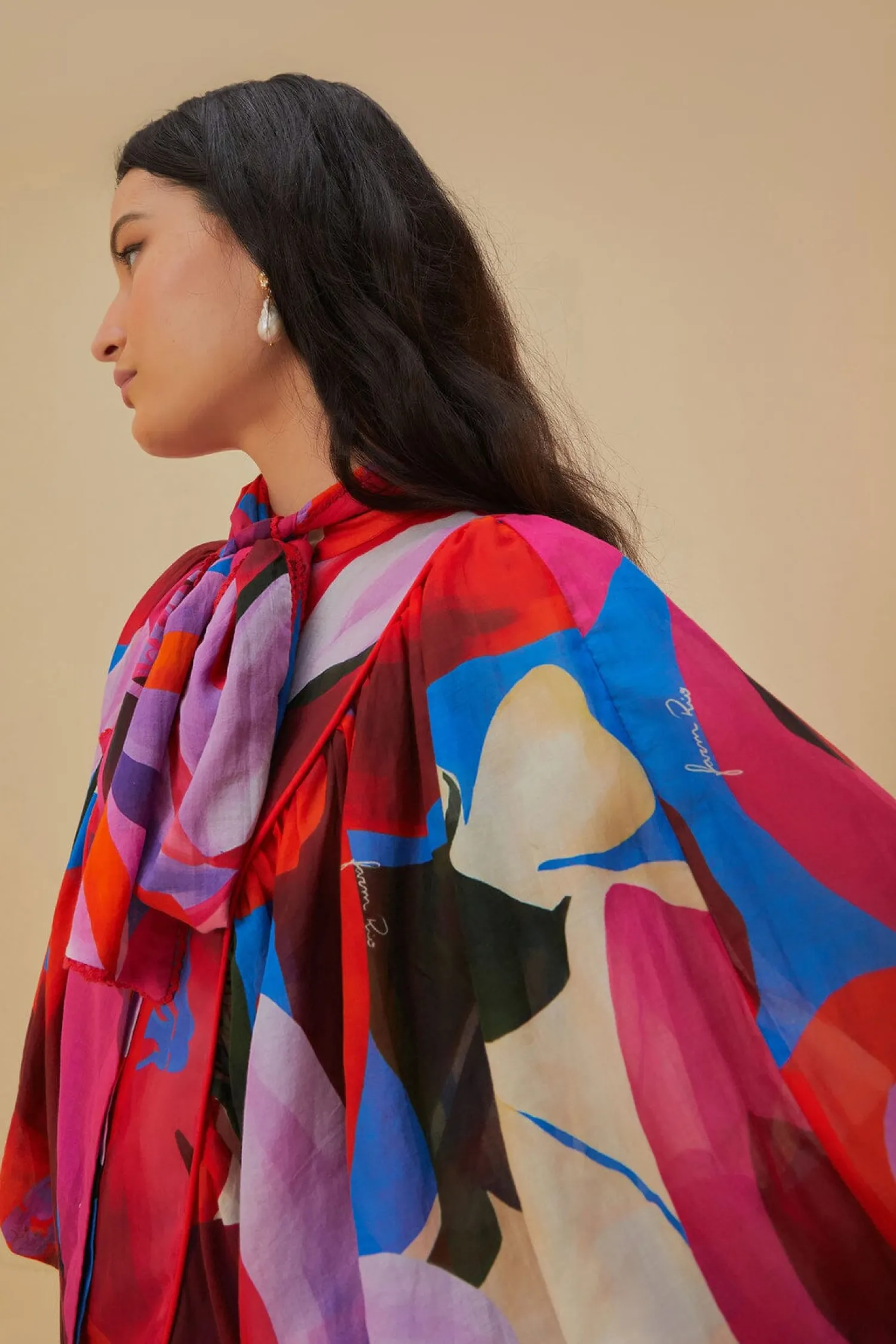 FARM Rio WATERCOLOR FLORAL BLUE LONG SLEEVE BLOUSE