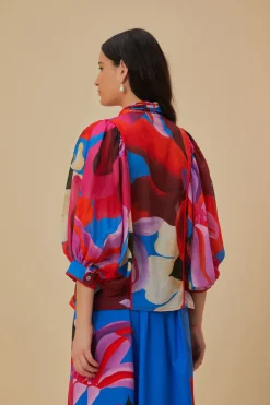 FARM Rio WATERCOLOR FLORAL BLUE LONG SLEEVE BLOUSE