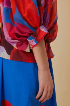 FARM Rio WATERCOLOR FLORAL BLUE LONG SLEEVE BLOUSE